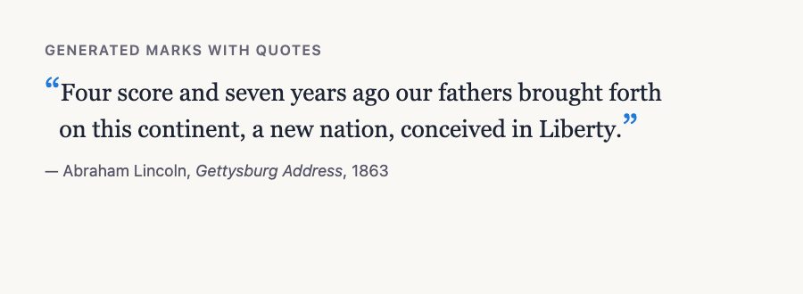 A Lincoln quotation from the Gettysburg Address with blue curly quotation marks generated by CSS and a hanging indent so the letters align