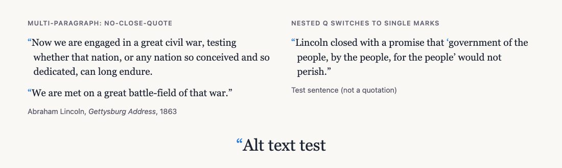 Left: a two-paragraph Lincoln quotation where both paragraphs open with a mark and only the last closes. Right: a q element nested inside a blockquote shown with single curly marks. Below: a decorative mark added with an empty alternative