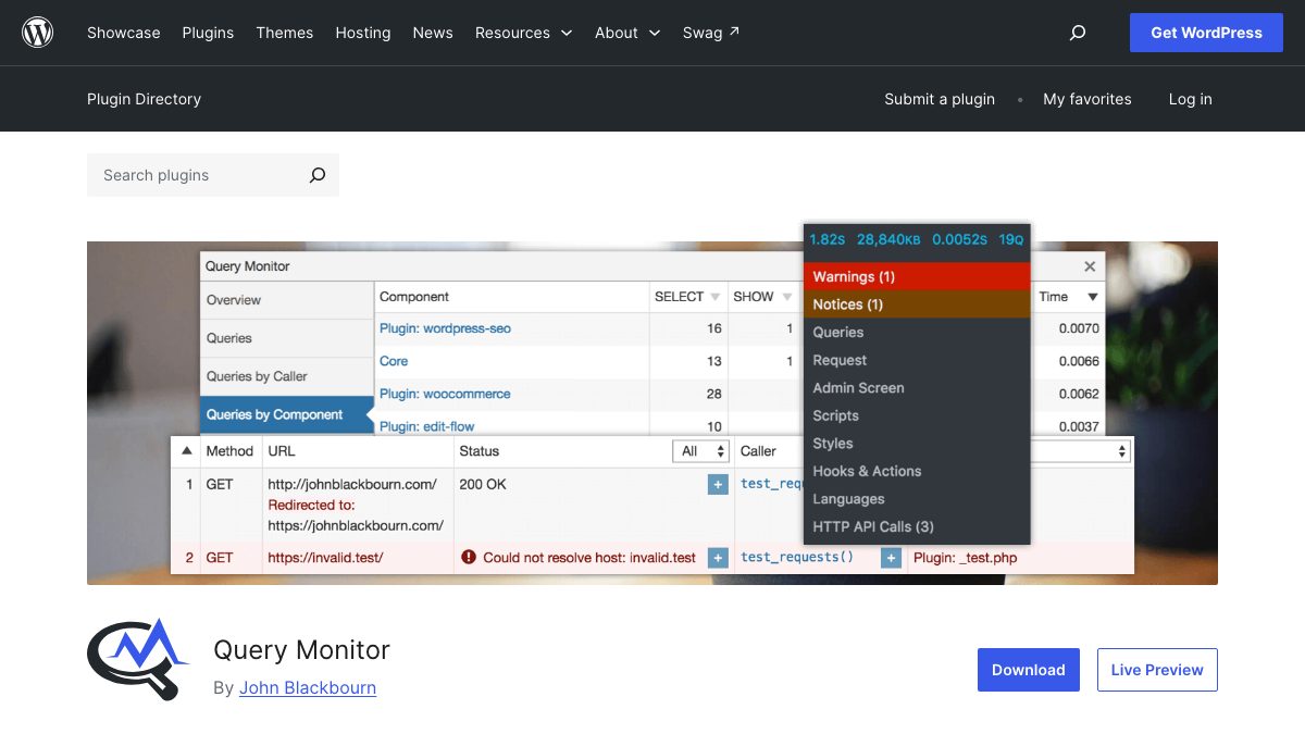 The Query Monitor listing page in the WordPress plugin directory