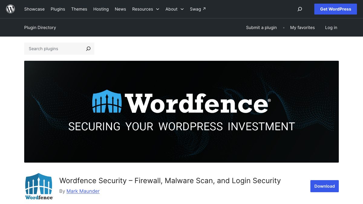 The Wordfence Security listing page in the WordPress plugin directory