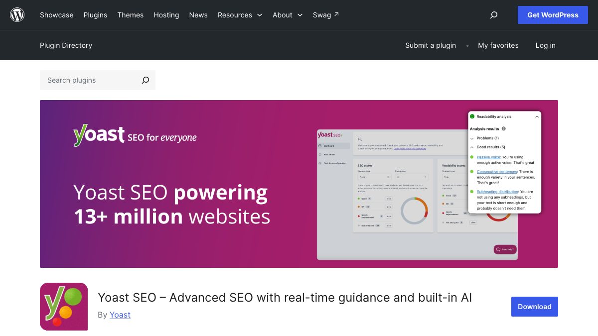 The Yoast SEO listing page in the WordPress plugin directory