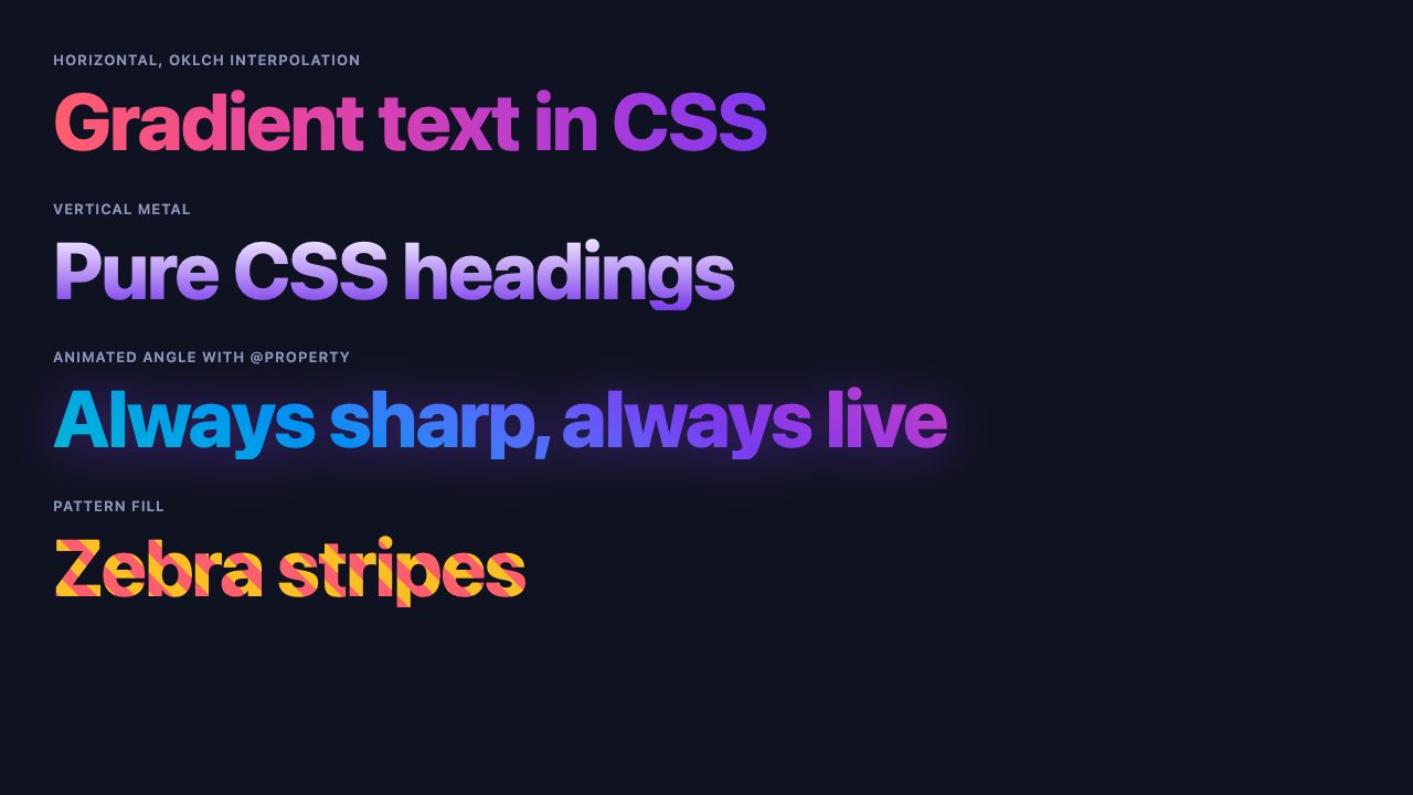 Four headings on a dark background: a pink-to-violet-to-cyan horizontal gradient, a vertical lavender-to-violet gradient, a blue-to-purple animated gradient with a soft glow, and a striped red and yellow pattern fill
