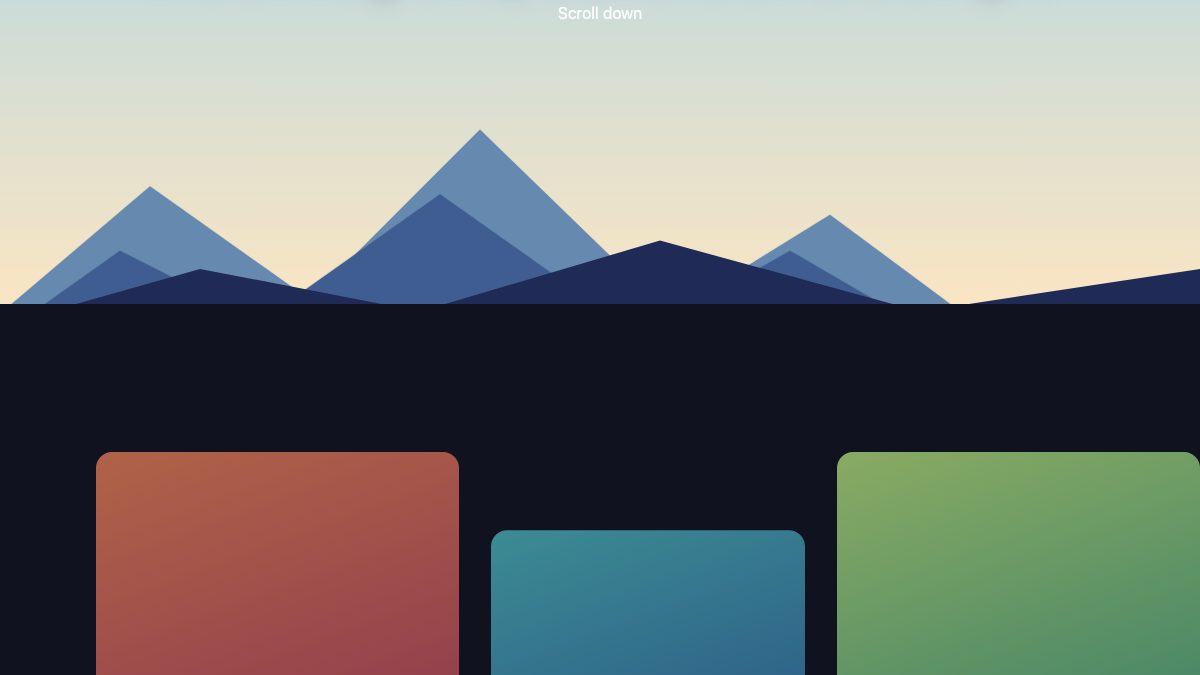 The same mountain scene scrolled halfway: the far peaks are mostly hidden behind the near ridge and the gallery cards appear below