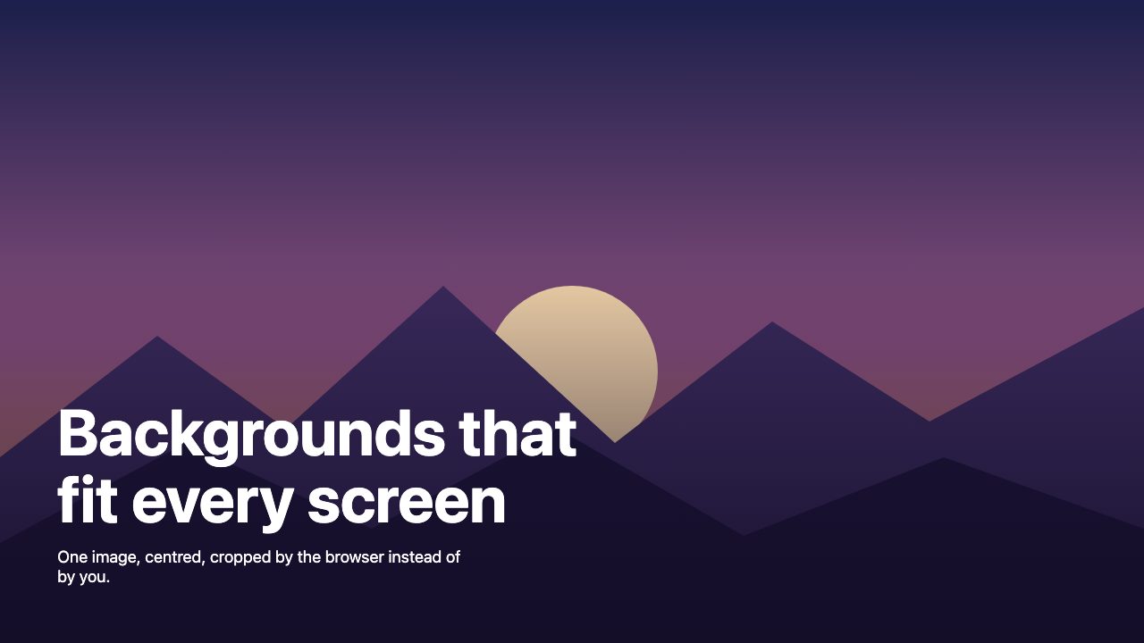 A full-screen hero with a purple dusk mountain scene and a large white headline at the bottom left