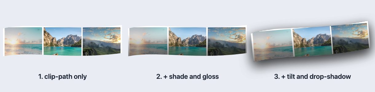 The same strip of three photos shown three times: left clipped only, middle with shade and gloss added, right tilted with a drop shadow