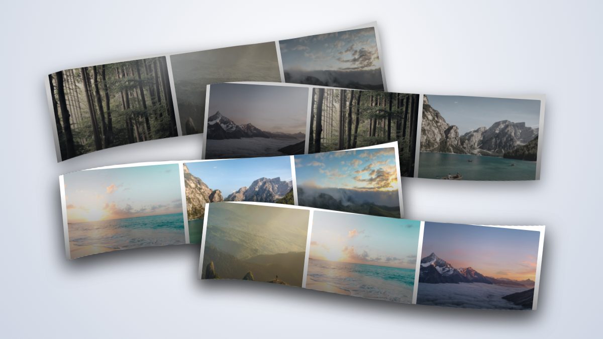 Four curved strips of three landscape photos each, tilted and overlapping on a light grey background, the two at the back desaturated