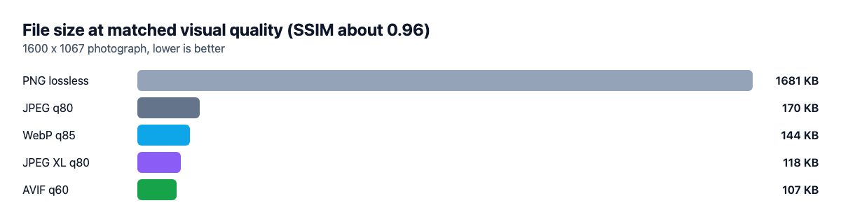 Bar chart of file size at matched quality: PNG 1681 KB, JPEG 170 KB, WebP 144 KB, JPEG XL 118 KB, AVIF 107 KB