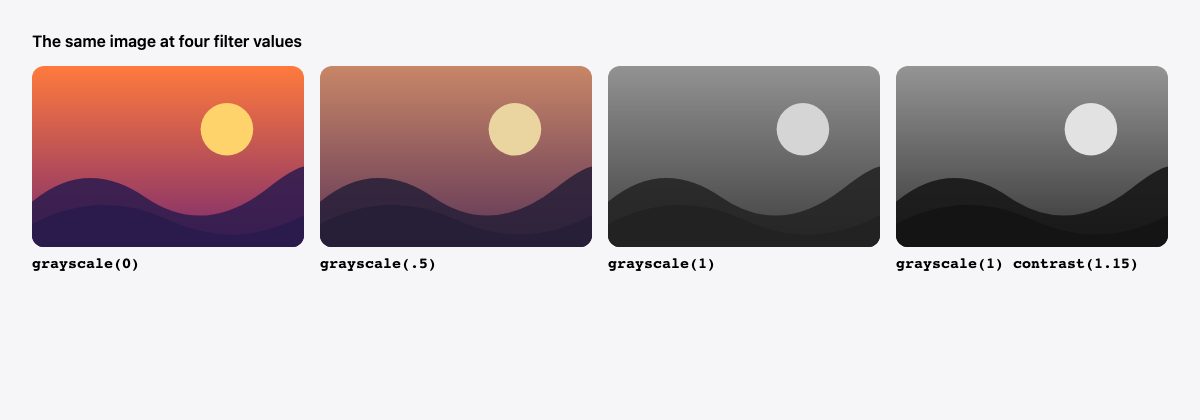 The same sunset image shown four times with grayscale 0, 0.5, 1 and grayscale 1 with a contrast boost