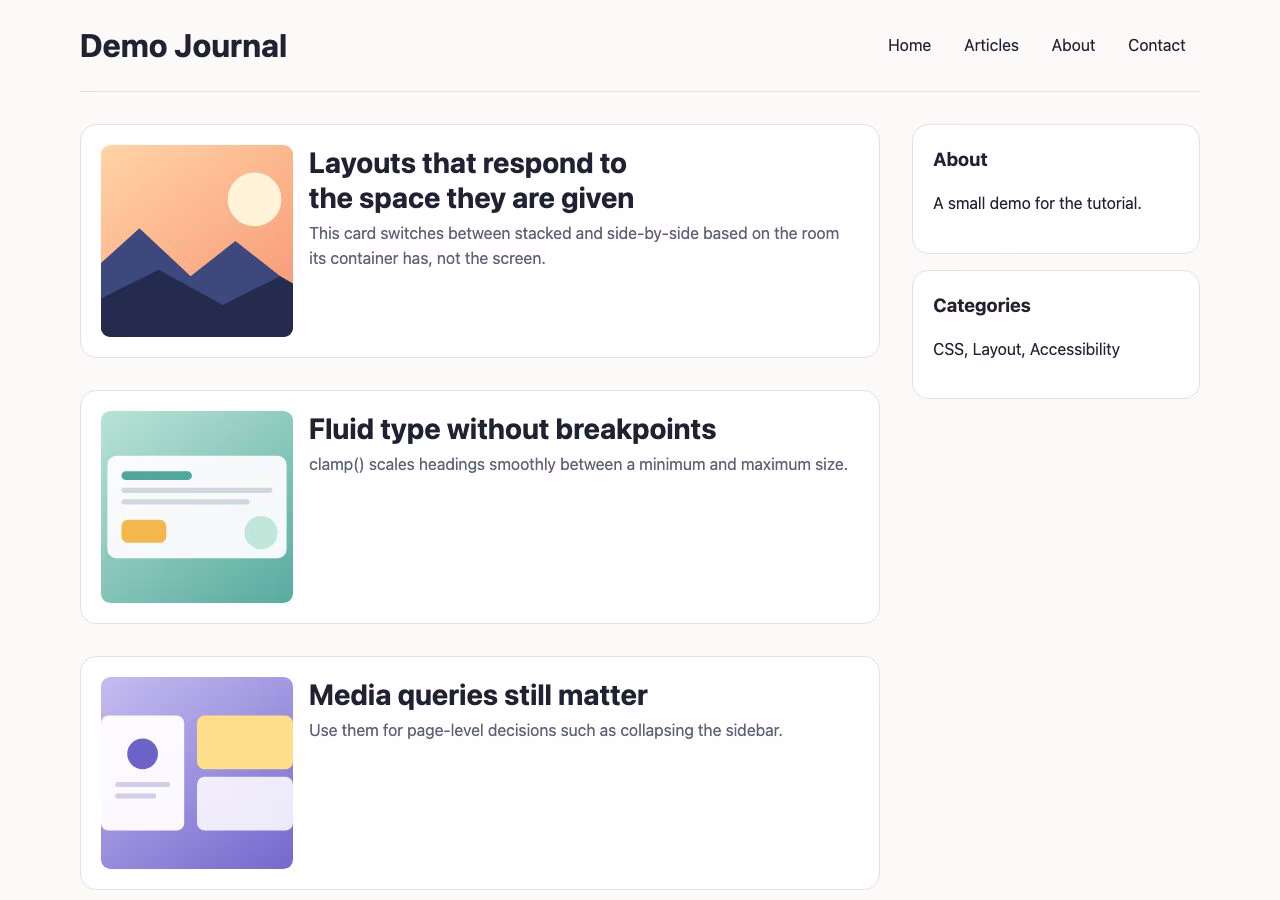 Blog layout at desktop width with article cards on the left and a sidebar on the right