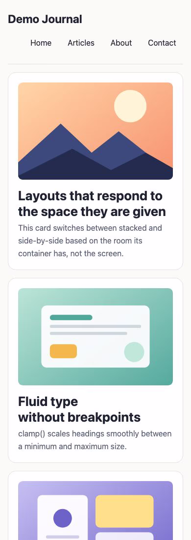 The same layout at phone width with a single column and stacked cards