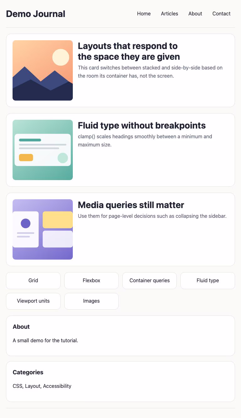 The layout at tablet width: one column with the sidebar widgets below the cards, and each card keeping its thumbnail beside the text