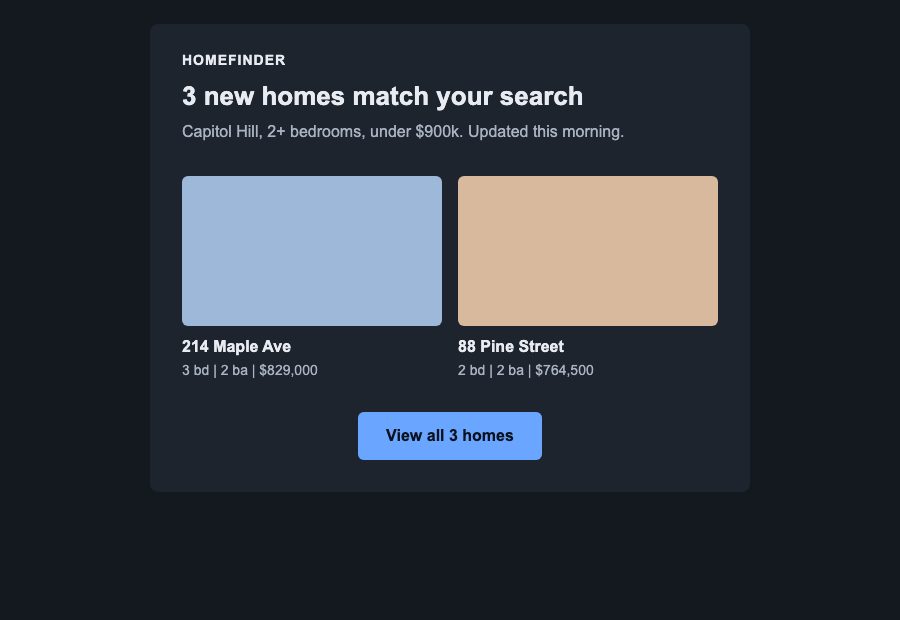 The same saved-search email rendered with a dark background, light text and a light blue button
