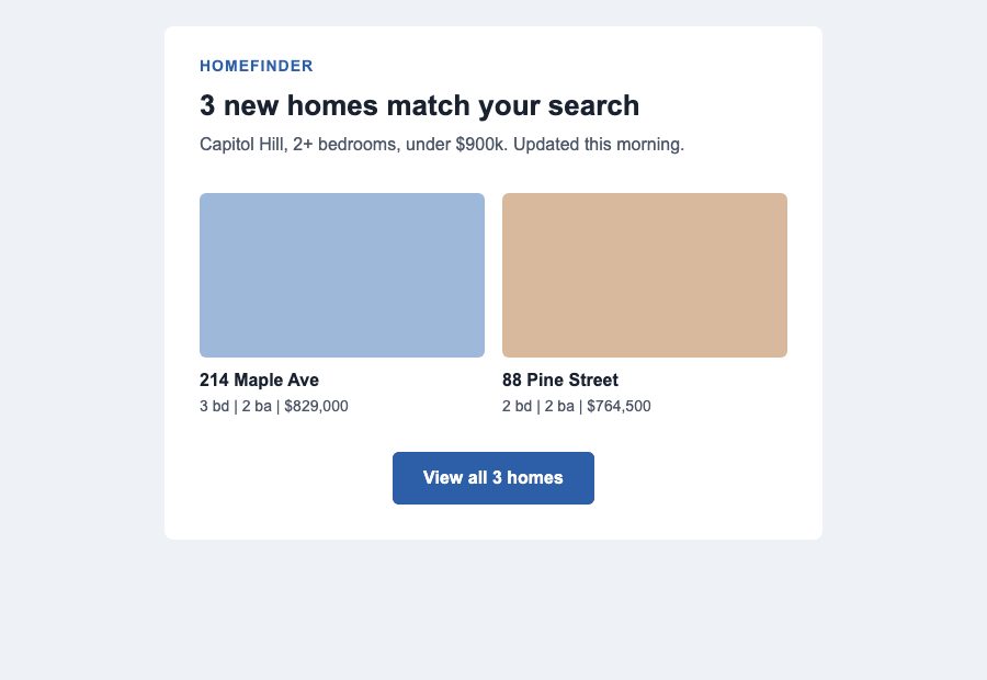 A saved-search email on a wide screen: a header, two listing cards side by side and a blue call-to-action button