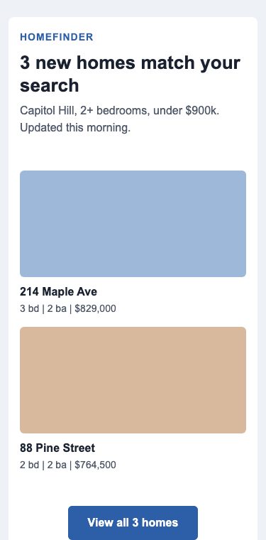 The same email on a 375px phone: listings stacked in one column above a blue button