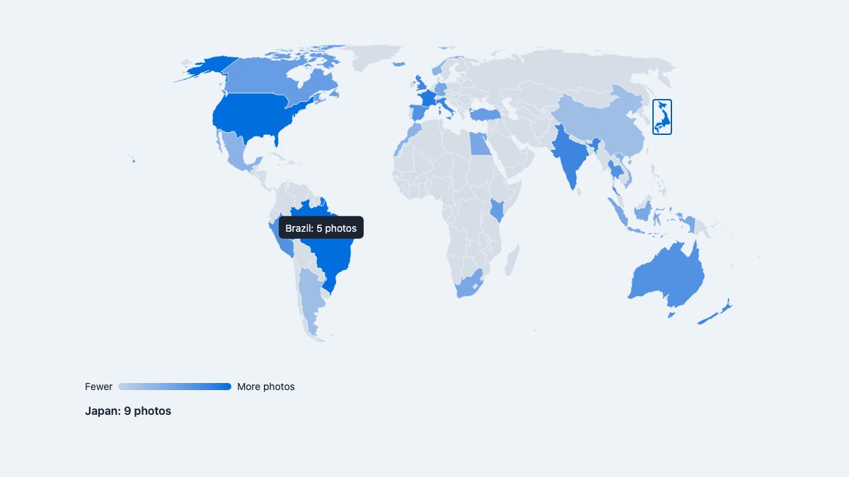 A world map with 26 countries shaded in blue by value, a tooltip over Brazil reading '5 photos' and Japan selected with an outline