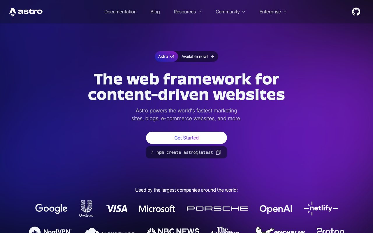 Astro homepage with a purple gradient background, centered headline, a white Get Started button and an npm create command