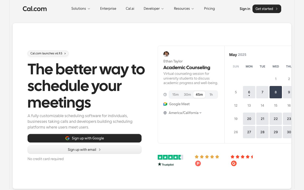 Cal.com homepage with a bold headline on the left, sign-up buttons below it and an interactive booking calendar on the right