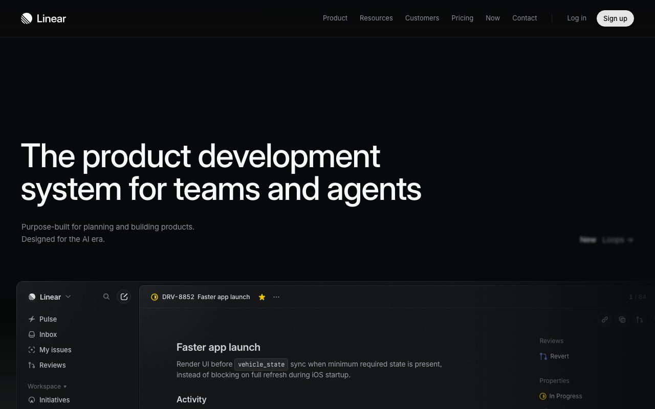 Linear homepage with a dark hero, large white headline and the product interface rising from the bottom of the screen