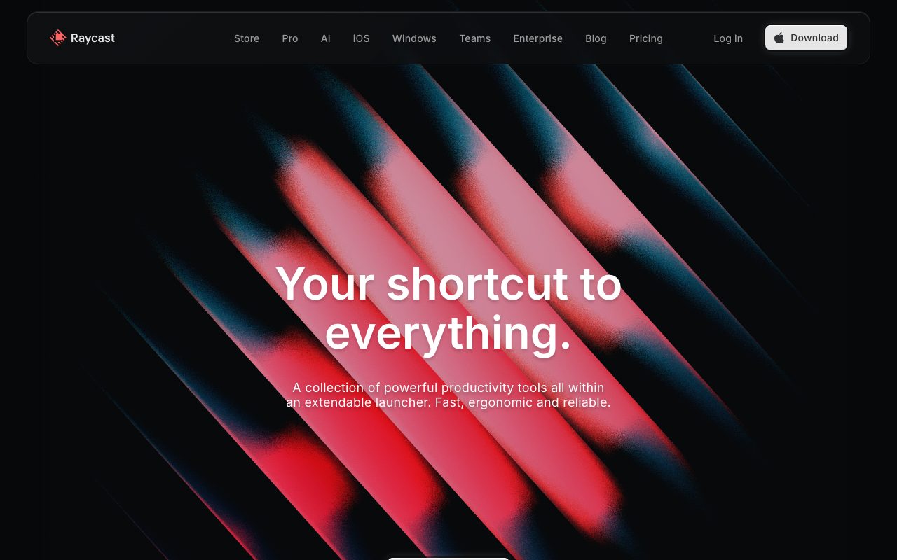 Raycast homepage with bold red and blue diagonal light streaks behind a centered white headline and a floating navigation bar