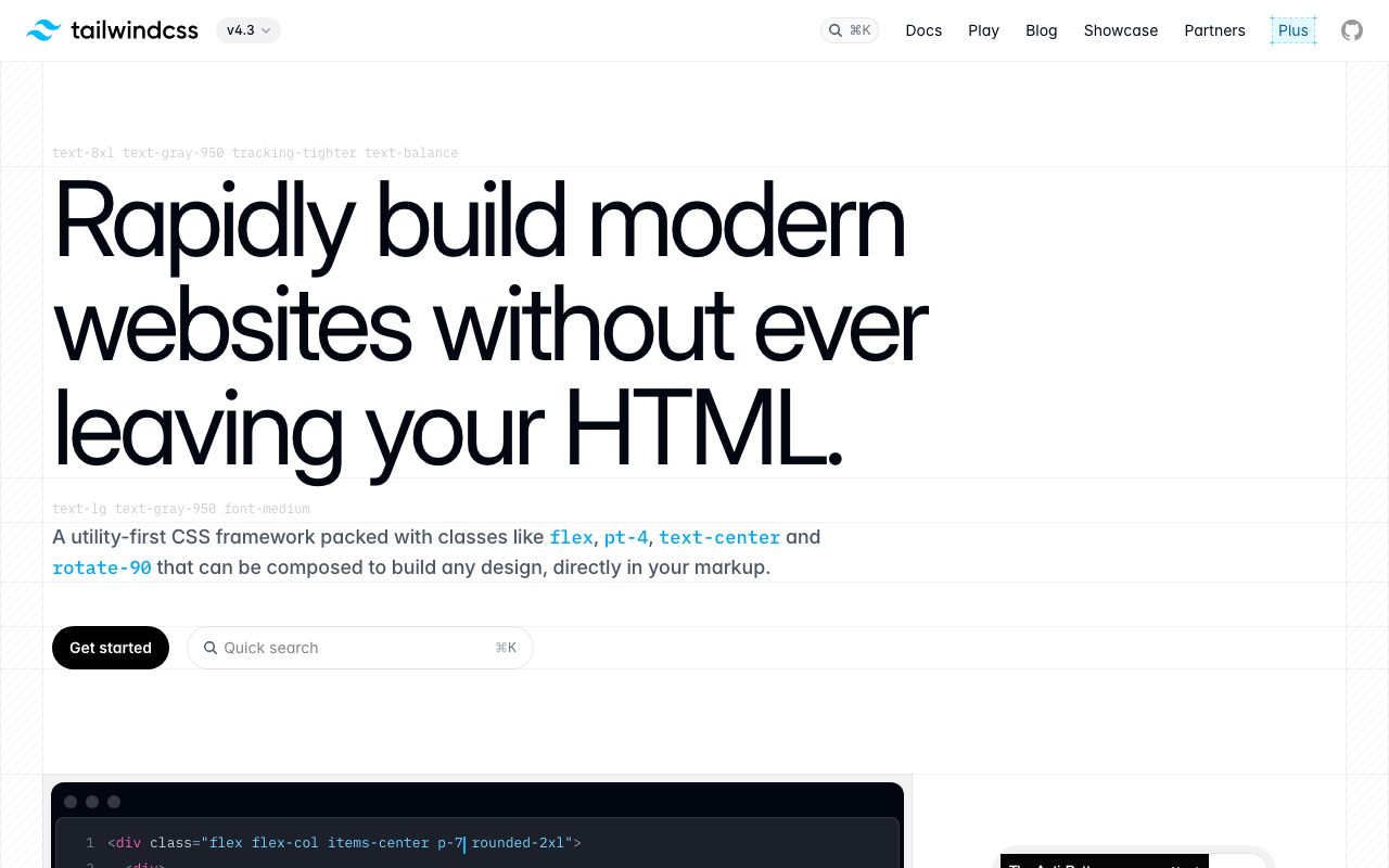 Tailwind CSS homepage with an oversized headline annotated with the utility classes used to style it, and a code editor below