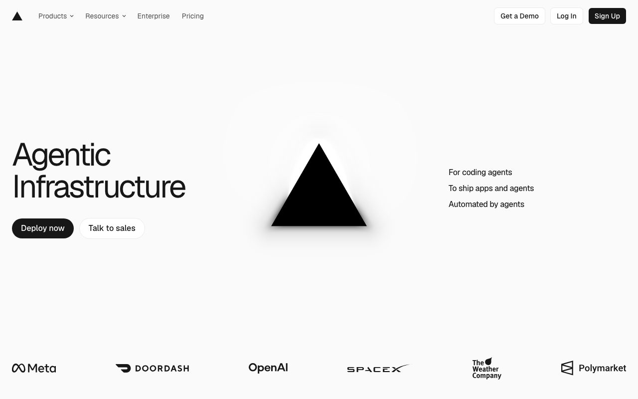 Vercel homepage with a large black triangle centered in a light hero, two buttons on the left and a logo strip below
