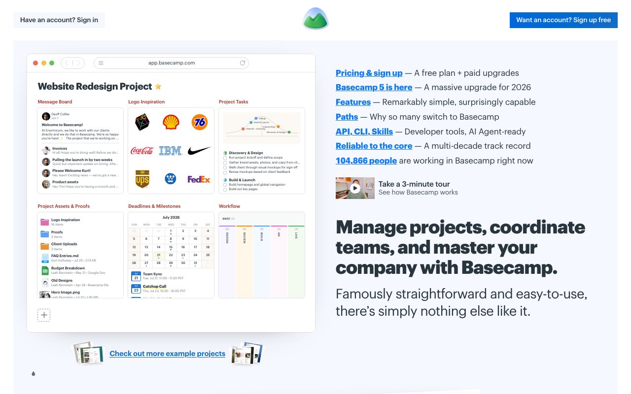 Basecamp homepage showing a browser mockup of a project on the left and a list of text links with a bold headline on the right