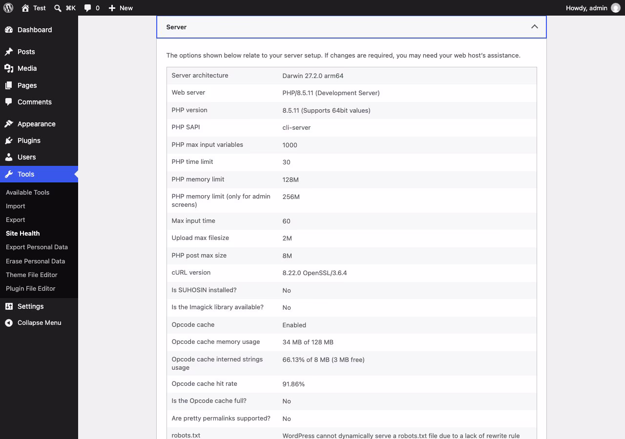 WordPress Site Health Info screen with the Server section open, showing PHP memory limit 128M and PHP memory limit only for admin screens 256M