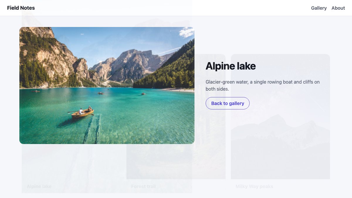 A real page navigation mid-transition: the alpine lake thumbnail has grown into the large image on the new page while the fixed header stays in place