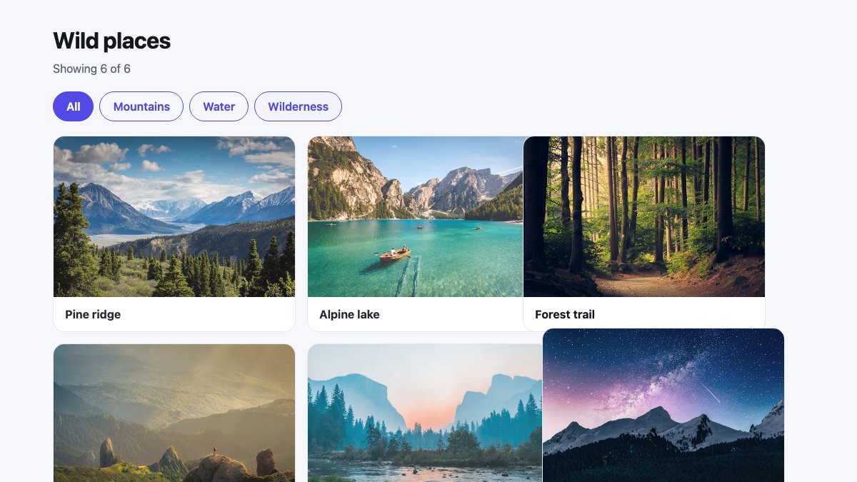Gallery mid-transition: the Forest trail and Milky Way cards glide towards new grid positions while the rest of the page fades