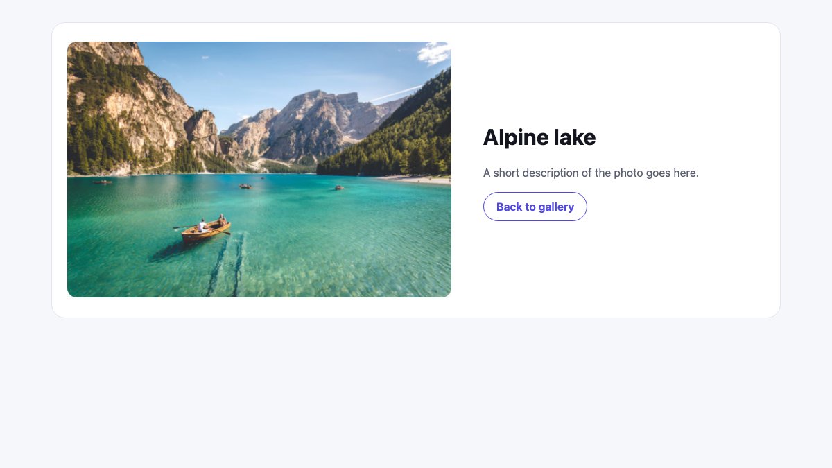 A thumbnail of an alpine lake growing into the large detail image inside a white card, with the old gallery page fading underneath