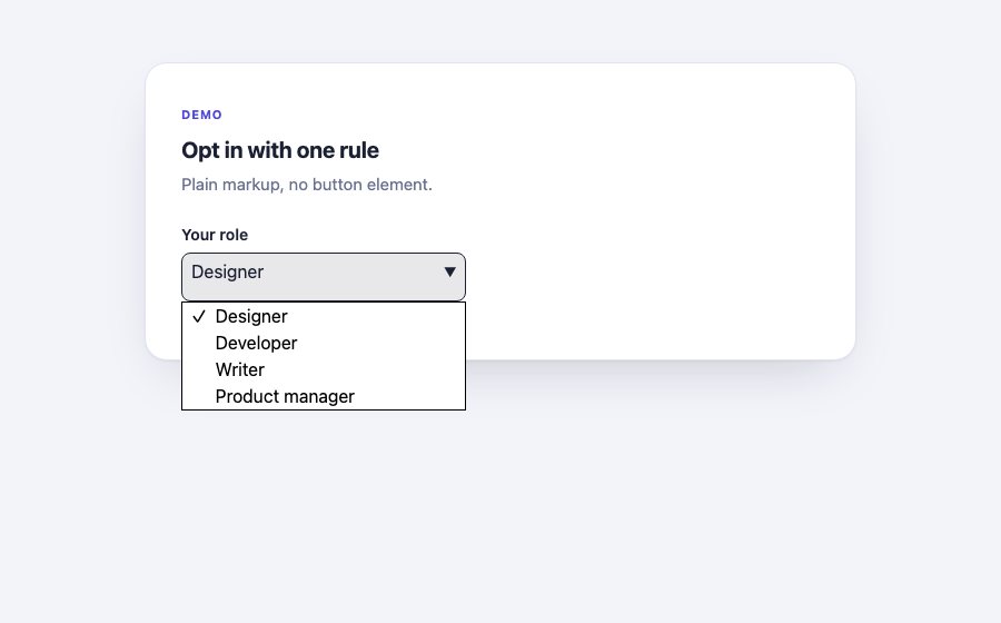 A select showing Designer with a grey button and a dark triangle, and its open list below with a tick beside Designer and a thin black border
