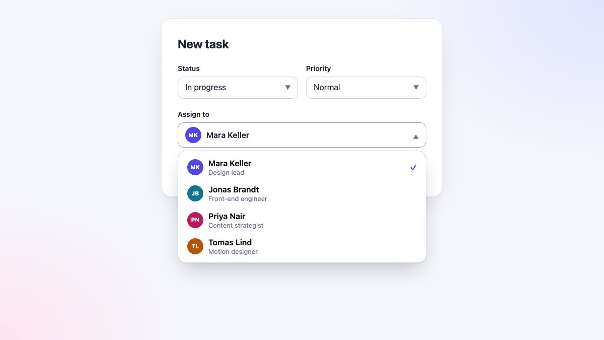 A New task form with Status and Priority selects and an Assign to select open, showing four people with coloured initial avatars, names and job roles in a rounded popup with a tick on the selected row
