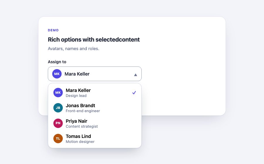 An Assign to select closed showing a purple MK avatar and Mara Keller, with its list open below showing four people with coloured initials, names and roles, and a tick on Mara Keller