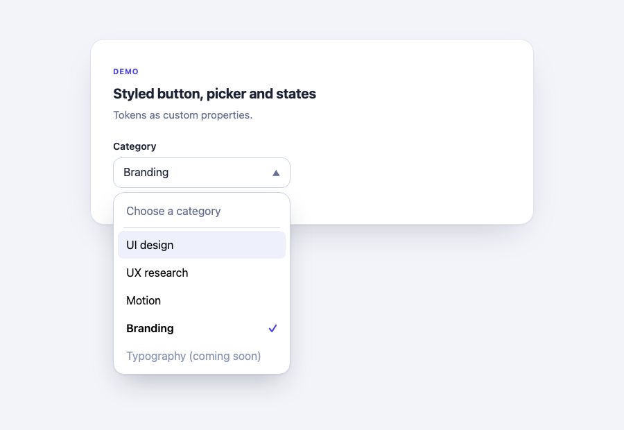 A Category select with a rounded white popup opened below it, listing a muted placeholder, a divider, UI design highlighted on hover, Motion, a bold Branding with an indigo tick, and a greyed disabled Typography option